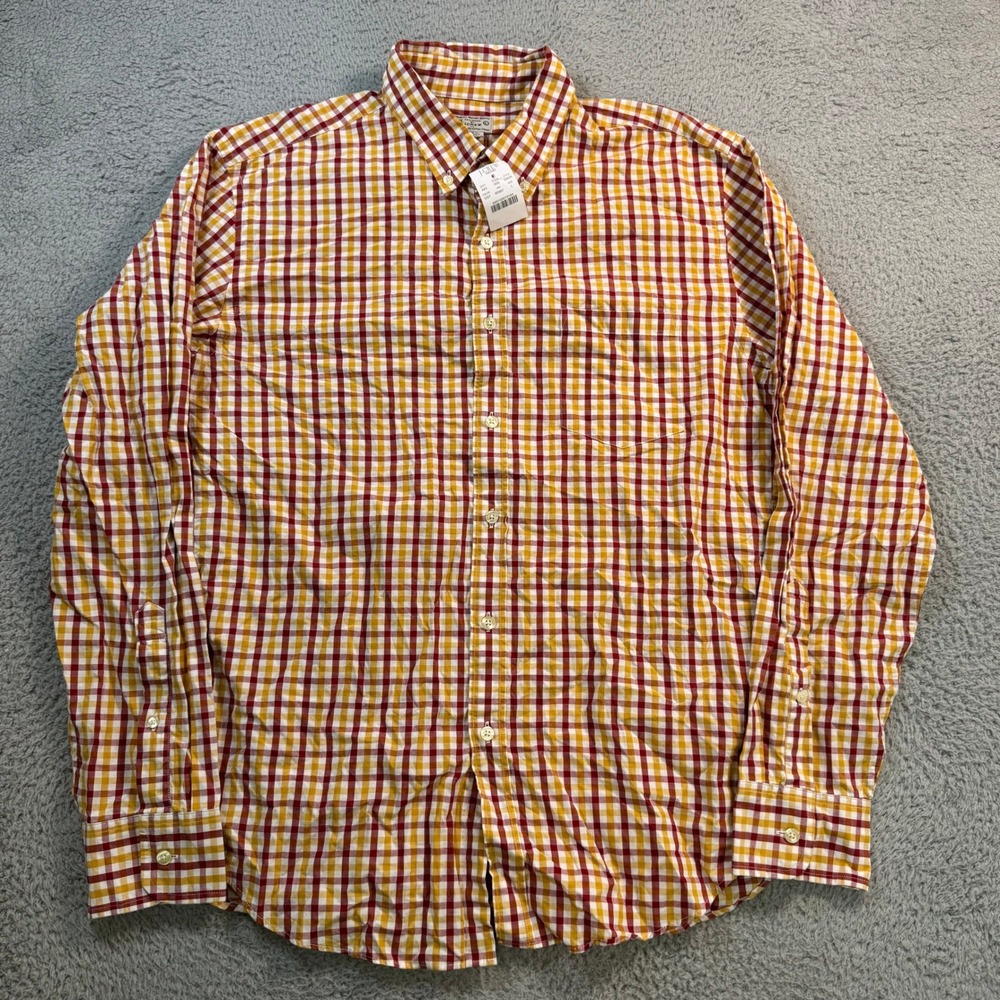 J.Crew Factory Mens Large Gingham Button Down‎ Shirt Yellow Burgundy 50509 NWT